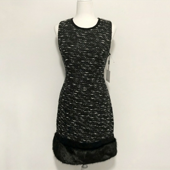 NWT Calvin Klein Tweed Dress with Faux Fur Trim - Picture 2 of 8